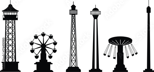Amusement park tower and ride silhouettes collection, observation tower, swing ride, ferris wheel vector illustration, black fairground attraction icons set