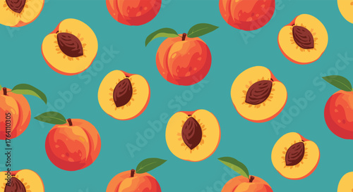 Peach pattern on teal background fresh fruit design.