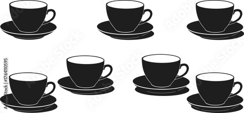 Black coffee cup and saucer silhouette collection, vector tea cup icons for café logo, restaurant design, and beverage branding
