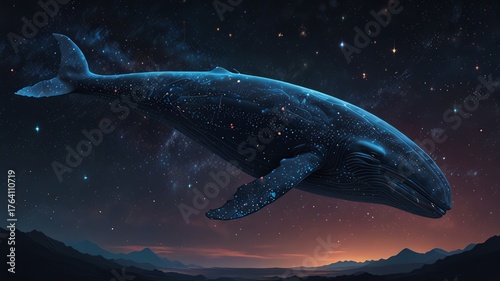 Whale swimming through starry night sky above mountains, surreal fantasy art, dreamlike atmosphere.