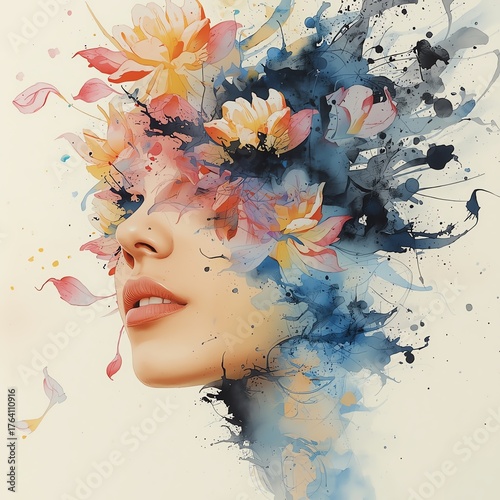 Abstract watercolor portrait of a woman's face blooming with vibrant flowers and paint splashes, symbolizing creativity and beauty.