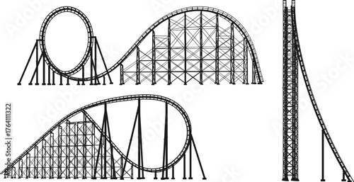 Detailed roller coaster engineering structure illustration showing steel track loops, high vertical drops, and support frame design for amusement park construction
