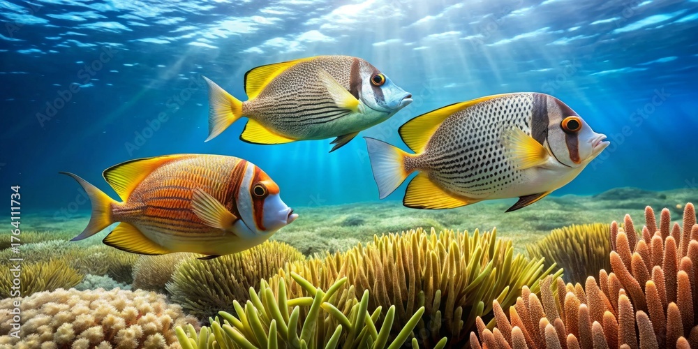 Fototapeta premium Vibrant Reef Fish Swimming Gracefully Over Lush Coral Gardens in Sunlit Ocean Depths