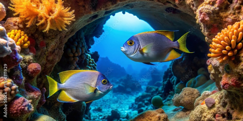 Obraz premium Two vibrant fish swim through a coral reef cave, sunlight illuminating the scene