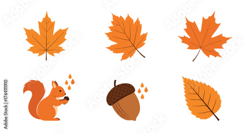 Autumnal elements: leaves squirrel and acorn in a seasonal composition.