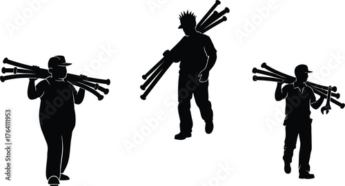 Baseball player silhouettes carrying bats, sports teamwork preparation, athletic training concept, multiple bat posture, game practice illustration, sporting activity design