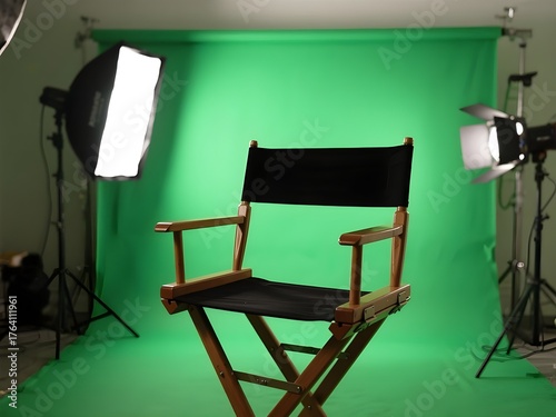 Director's chair on a green screen studio setup with soft box lighting. Filmmaking, documentary photography, interviews, and creative content concept, with a green chroma key background