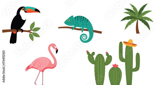Tropical wildlife illustration featuring toucan flamingo cactus and palm tree.