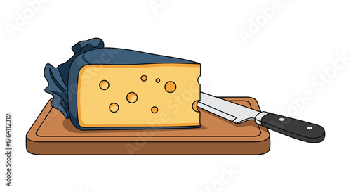 Cheese block on wooden board with knife ready to eat.