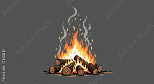 Burning campfire with flames and smoke against a gray background.