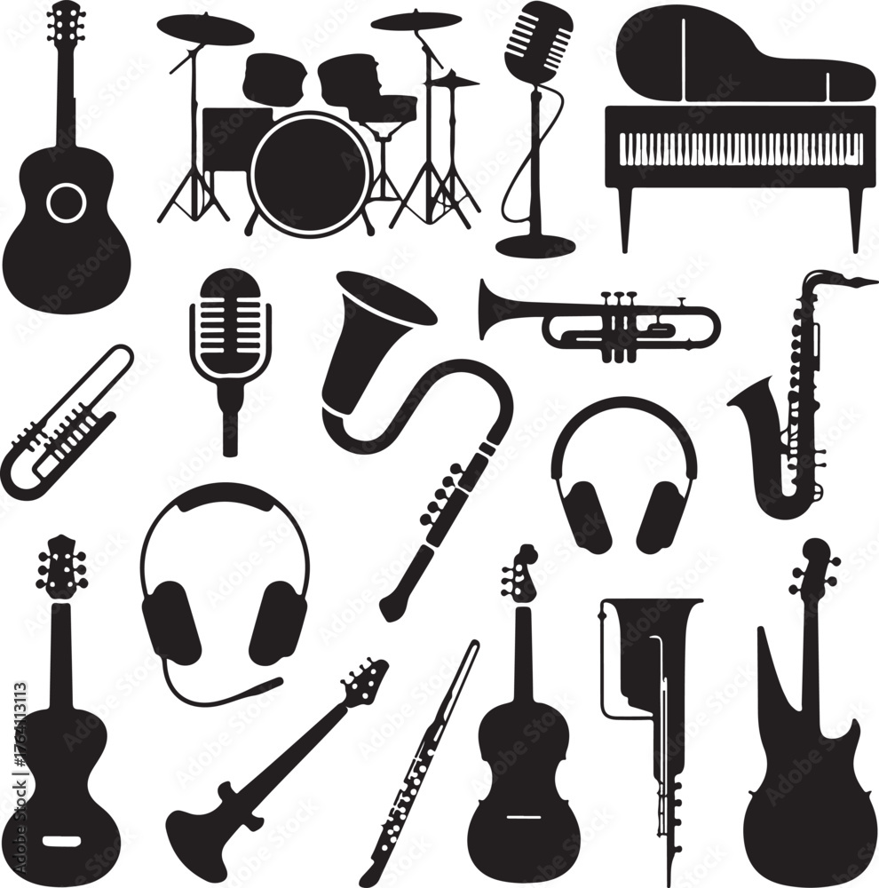 Obraz premium Music & Instrument Silhouette Vector Icons