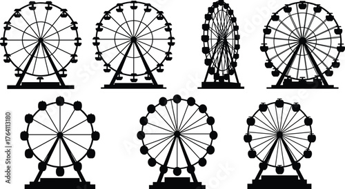 Ferris wheel silhouette collection, amusement park vector illustration, carnival attraction design, fairground ride icons, entertainment symbol art, black graphic decoration