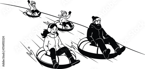 Family snow tubing winter fun illustration vector graphic design
