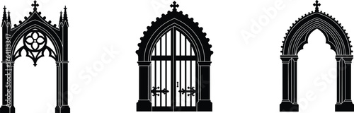 Gothic arch doorway and church gate collection, black vector illustration, medieval architecture elements, cathedral window design, ornate vintage building structure