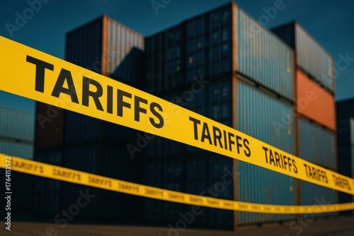 Yellow Tariff Warning Tape on Shipping Containers in a Freight Yard Signifying Trade Regulations and Costs