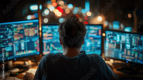 Focused stock analyst working late with financial charts on screens reflecting intense market study