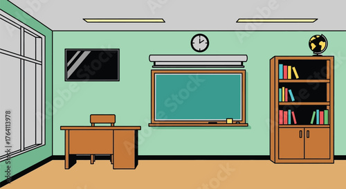 Classroom illustration with desk blackboard and bookcase for study