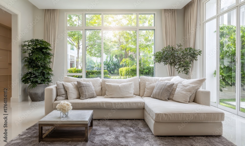 Fototapeta premium Elegant Living Room with Large Windows and Lush Greenery.