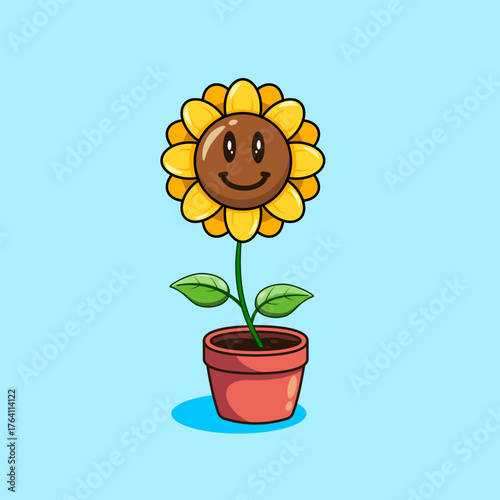 Happy Potted Sunflower Cartoon Vector Illustration Cartoon Design