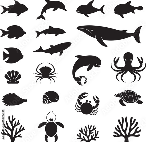 Marine Life Silhouette Vector Icons Bundle
