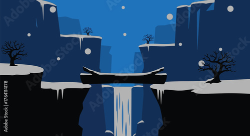 Winter landscape with snow covered cliffs and a waterfall bridge