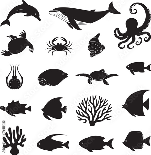 Marine Life Silhouette Vector Icons Bundle