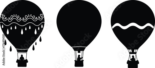 Hot air balloon silhouette collection, black vector illustration of flying balloons, travel adventure design, minimal aviation concept for exploration and freedom