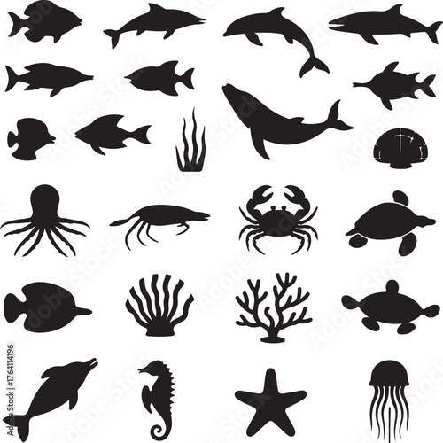 Marine Life Silhouette Vector Icons Bundle
