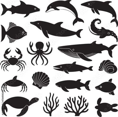Marine Life Silhouette Vector Icons Bundle