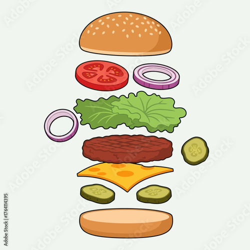 Exploded view of a classic hamburger with all its ingredients.