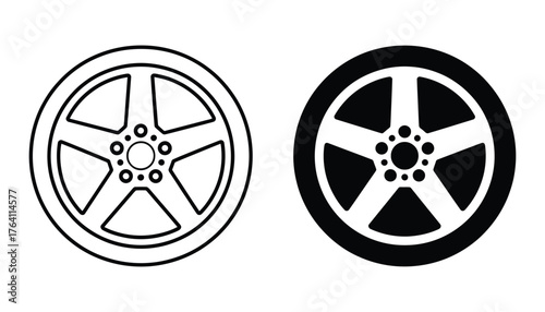 Two stylized car wheels one outlined and one solid black silhouette