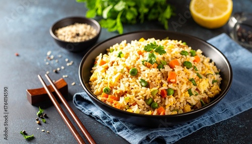 Fried Rice, With Vegetables And Egg, Chinese Cuisine, Homemade, No People.