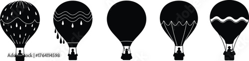 Hot air balloon silhouette collection, travel adventure vector illustration, black flying balloon icons, minimal design for aviation and exploration theme