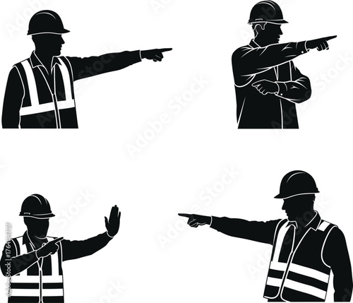 Construction worker hand signal silhouette, safety communication gesture, industrial site instruction, teamwork coordination, nonverbal signal illustration, building project safety concept