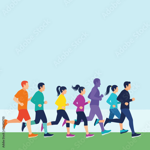 Group of diverse people jogging together outdoors.