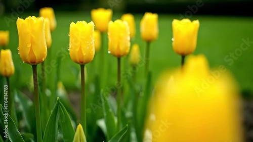 Vibrant Yellow Tulip with Dew Drops in Morning Light