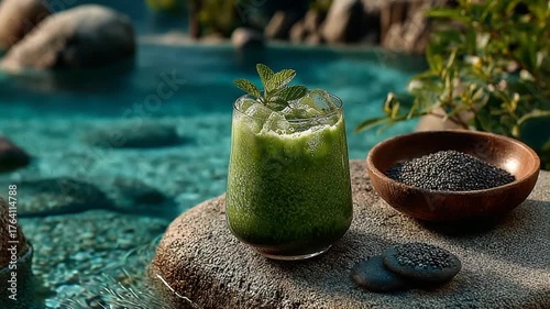 Refreshing green drink beside tranquil water scene