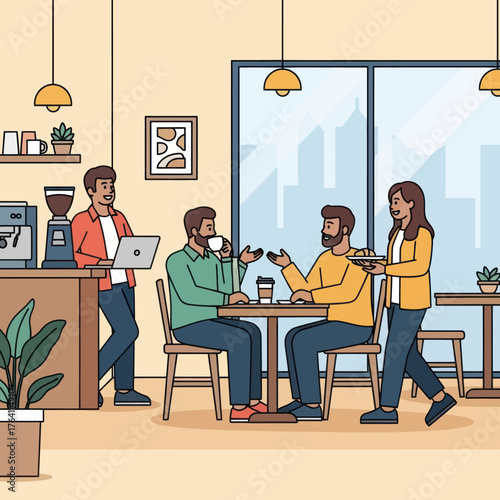 Group of friends enjoying conversation and coffee in a modern cafe.