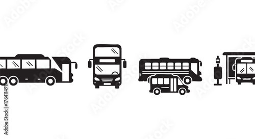 Black and white bus icons depicting transportation and travel options