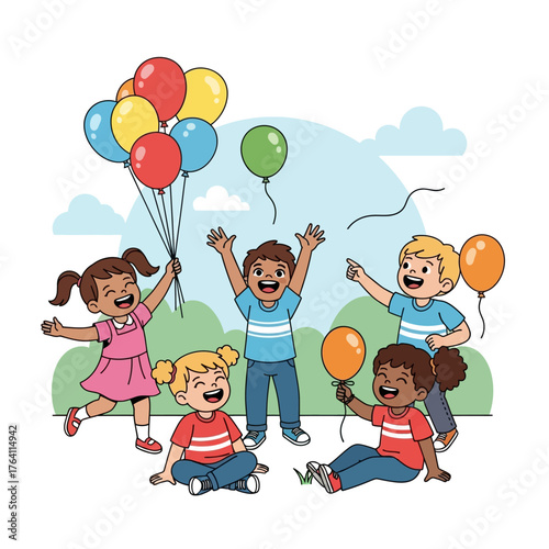 A group of happy children playing with colorful balloons in an outdoor setting.