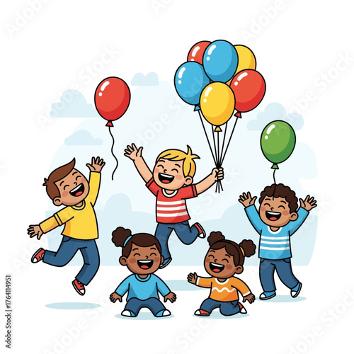 Five happy diverse children, three boys and two girls, joyfully playing with colorful balloons under a bright sky, celebrating and having fun.