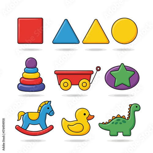 A colorful collection of classic children's toys and basic geometric learning shapes on a white background.