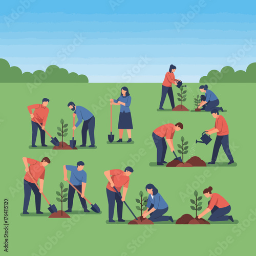 Group of Volunteers Planting Trees for Environmental Conservation.