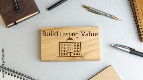 Wooden building sign with the text Build Lasting Value on desk