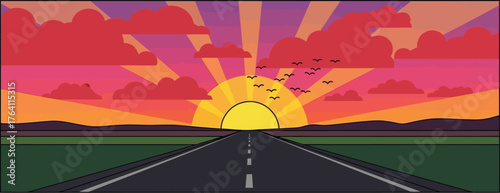 Road trip at sunset vector illustration travel and adventure art