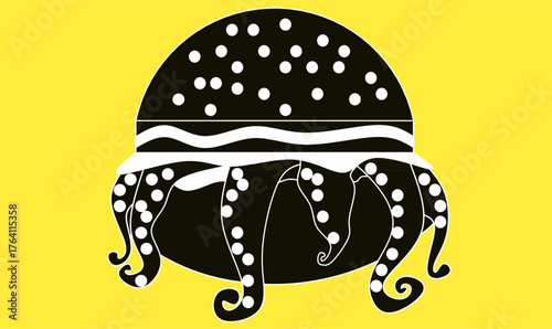 outline silhouette octopus burger with tentacles and sesame bun.modern food and seafood concept art for icon,logo,branding, restaurant, or design projects on yellow background