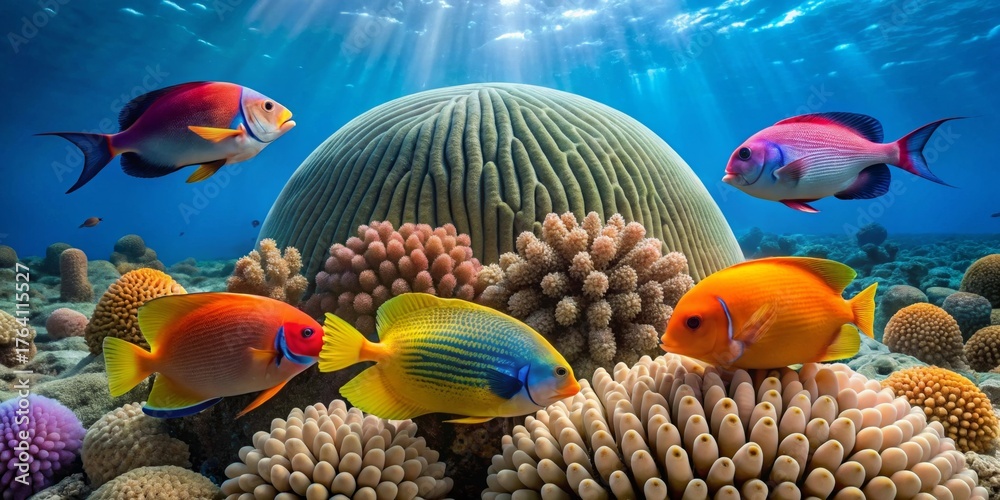 Naklejka premium Vibrant Reef Fish Displaying Stunning Colors Amidst a Lush Coral Garden Underneath Sunlit Waters