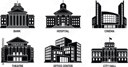 Vector buildings icons set bank hospital cinema theatre office city