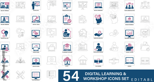 A modern flat icon set illustrating digital learning, online training, and virtual workshops. Perfect for e-learning platforms, remote education, and online teaching materials
