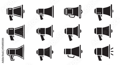 Black and white megaphone icon set various shapes for announcements and protests